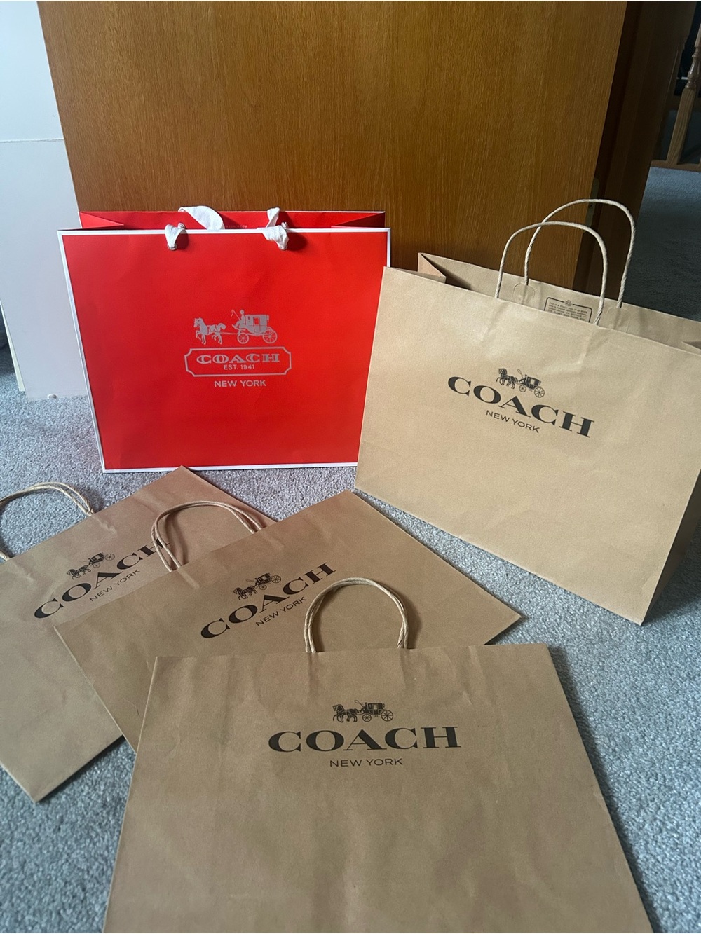 Coach Paper Shopping Bags in Red and Brown